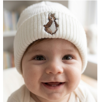 KW111: Baby Embroidered Brown Bunny Rabbit Knitted Hat (Newborn -3 Months)